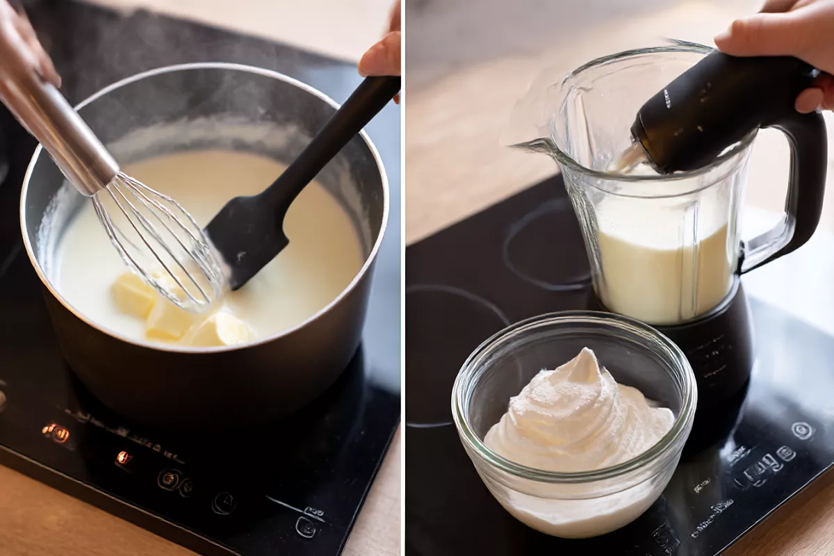 Процесс взбивания жировой эмульсии из масла и бульона в сотейнике